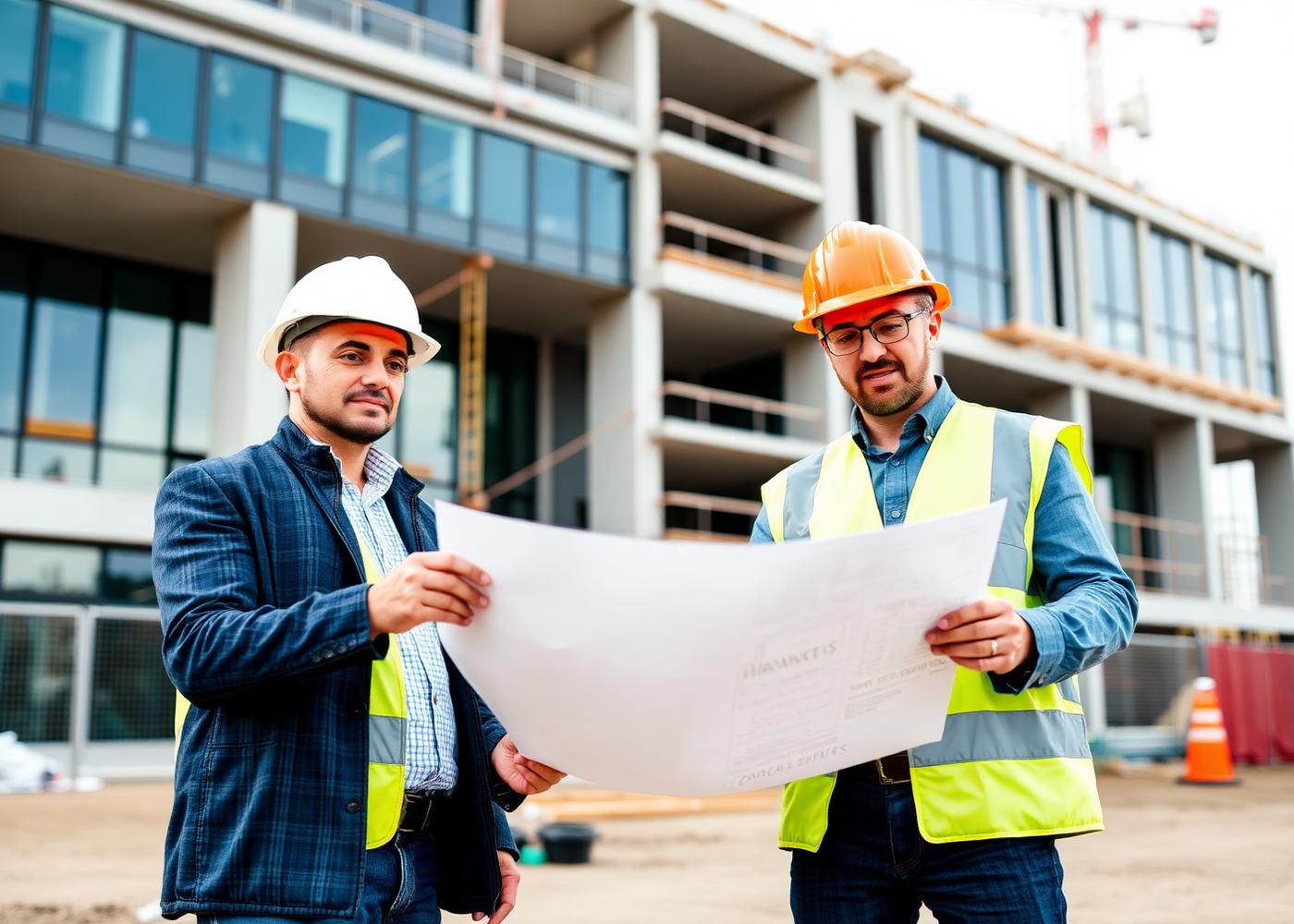 Arquitectos revisando planos frente a una construcción moderna