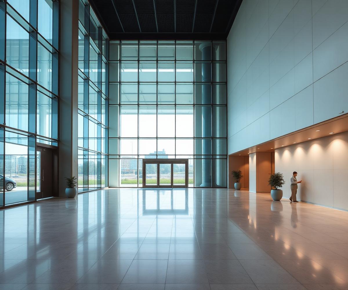 Lobby de edificio corporativo con fachada acristalada