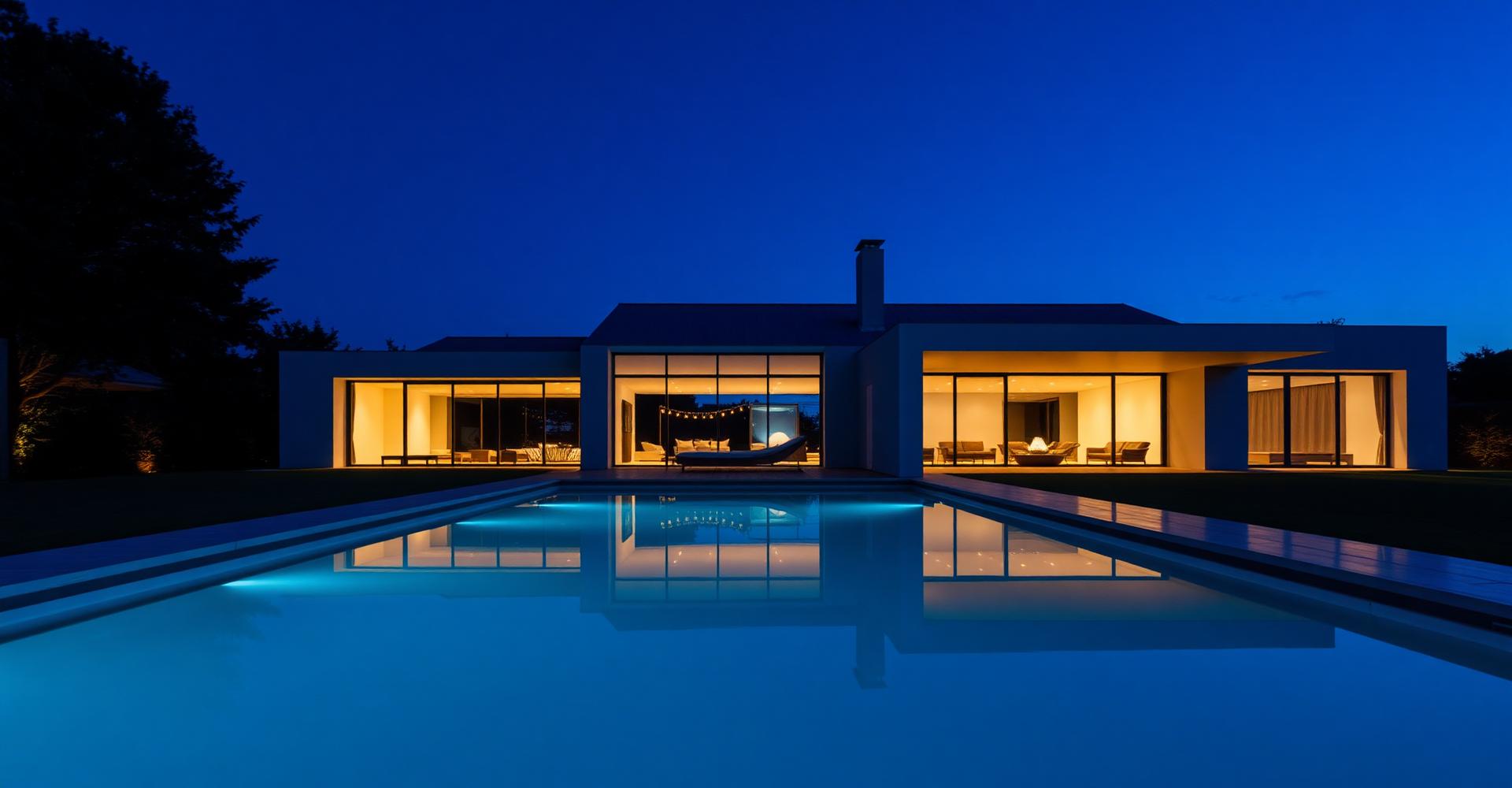 Casa minimalista iluminada al anochecer con grandes ventanales