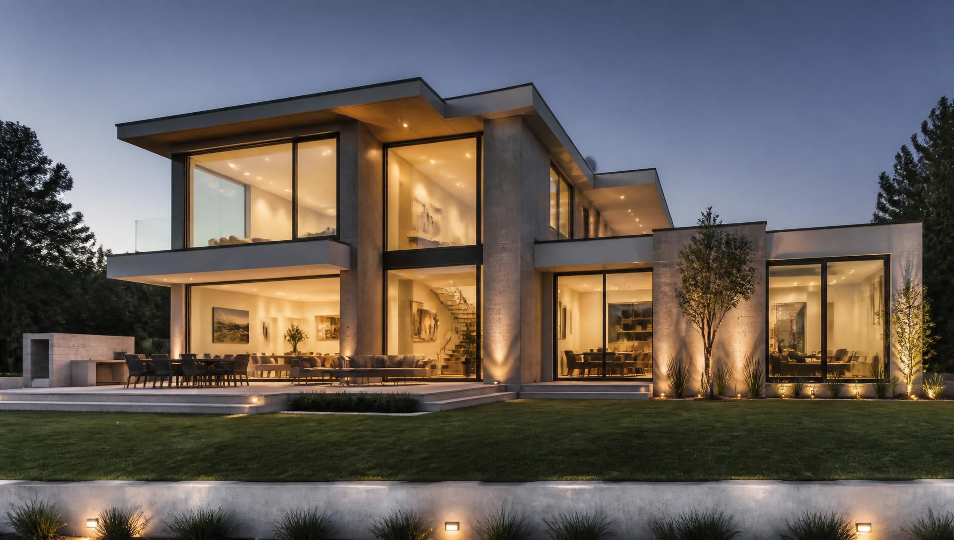 Residencia contemporánea con grandes ventanas de PVC iluminadas al atardecer