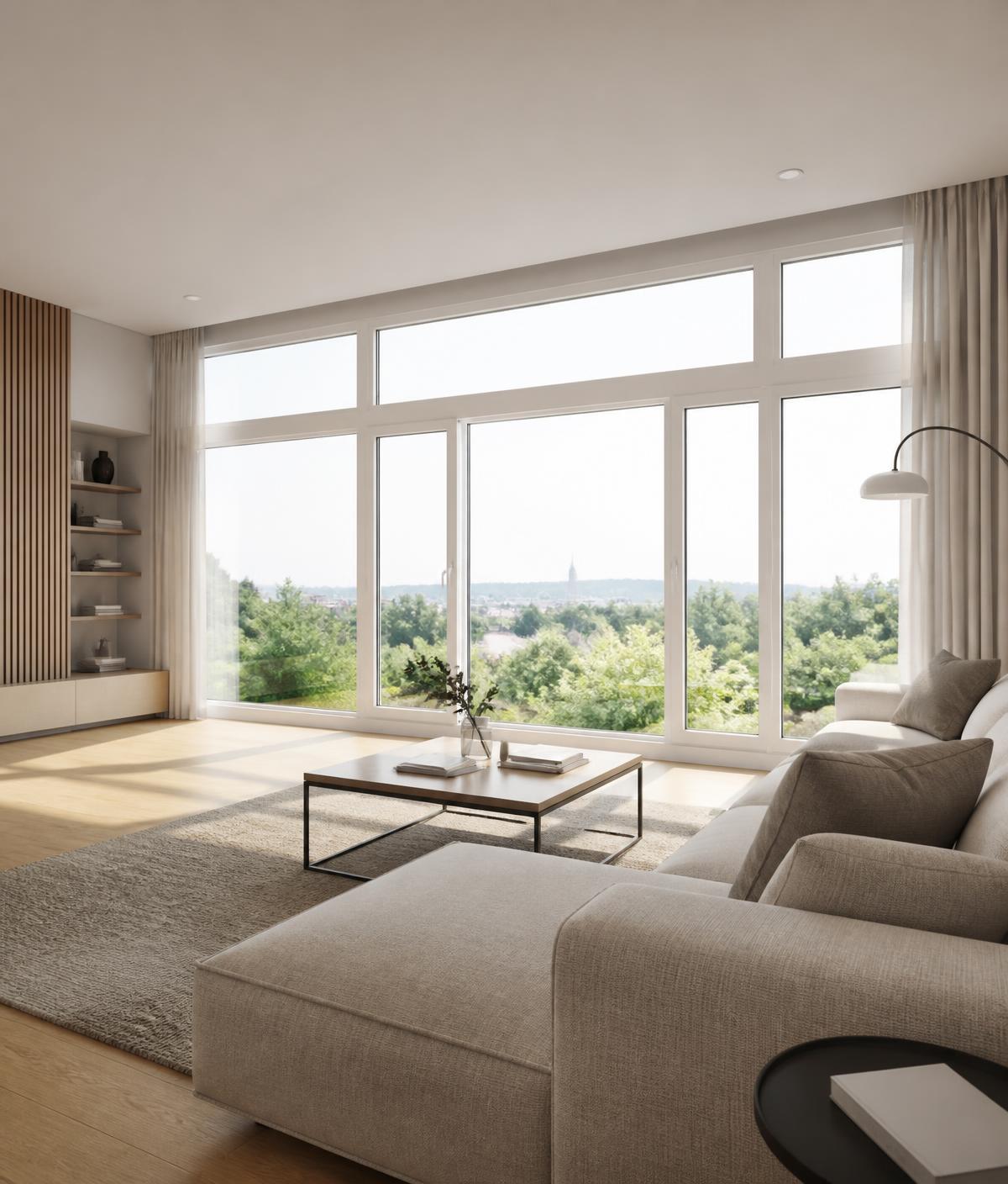 Sala minimalista con ventanal de PVC y abundante luz natural