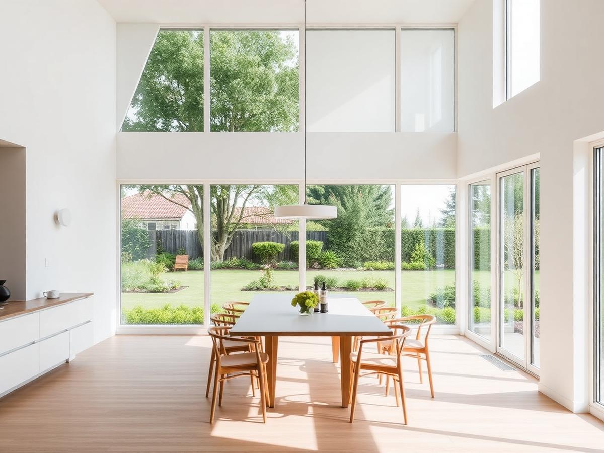 Comedor luminoso con ventanales de PVC de piso a techo