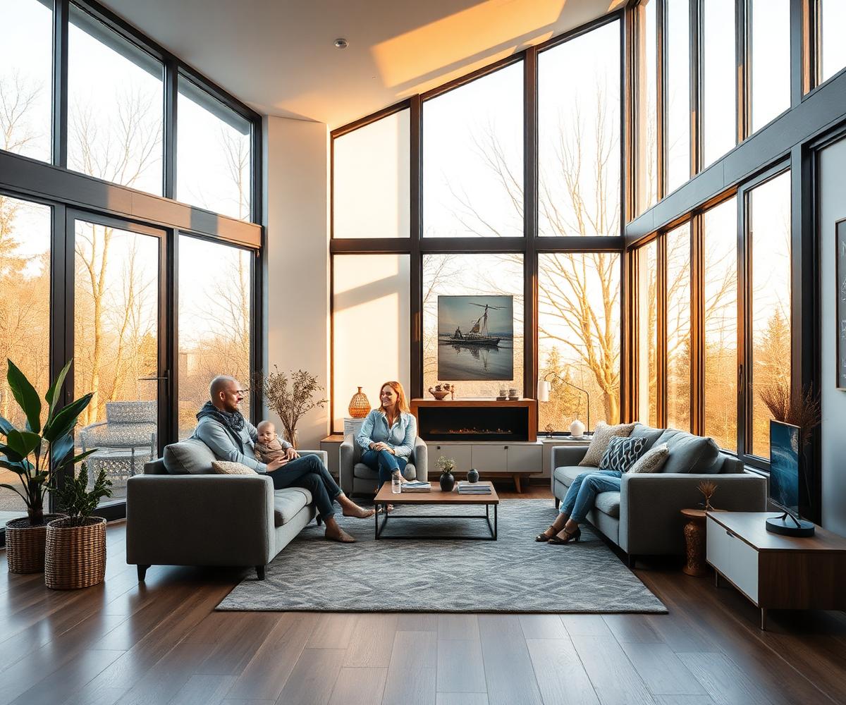 Sala familiar con grandes ventanales y luz natural